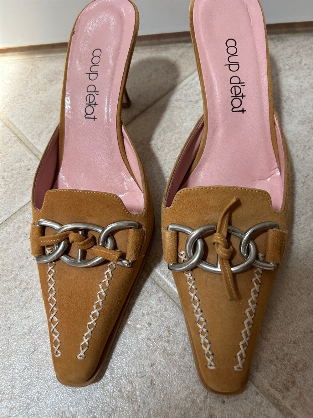 Coup D'état Tan Suede Pointed Mule with Silver Chain Detail